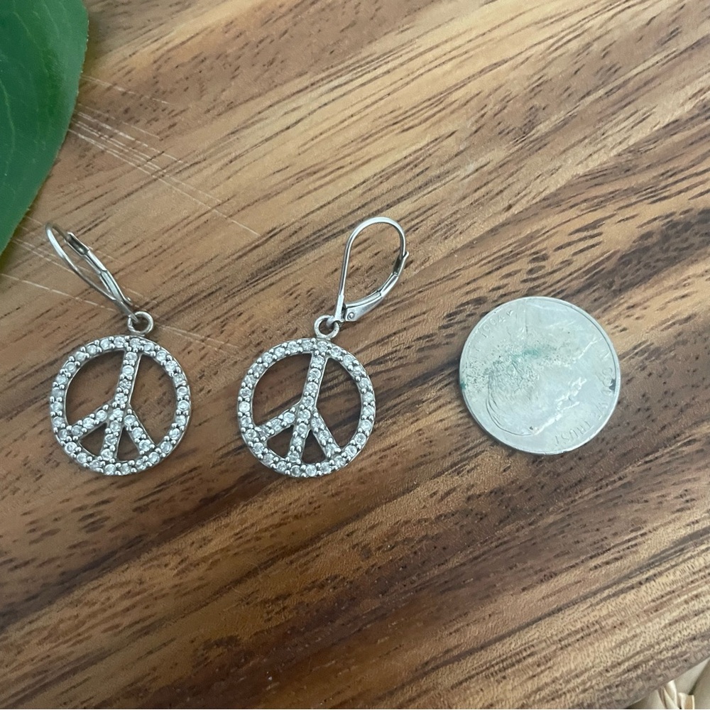 Silver Hippie Boho rhinestone bedazzled Peace Sign Dangle Earrings - Picture 8 of 9